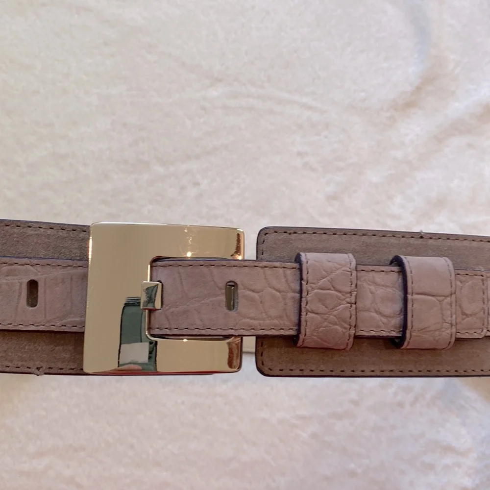 Wide gray suede Cole Haan statement belt w/big silver buckle Sz M NWOT